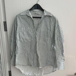Zara Green and White Striped Button Down Shirt